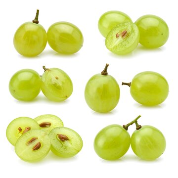 Fresh green apples with visible bite marks on white background.