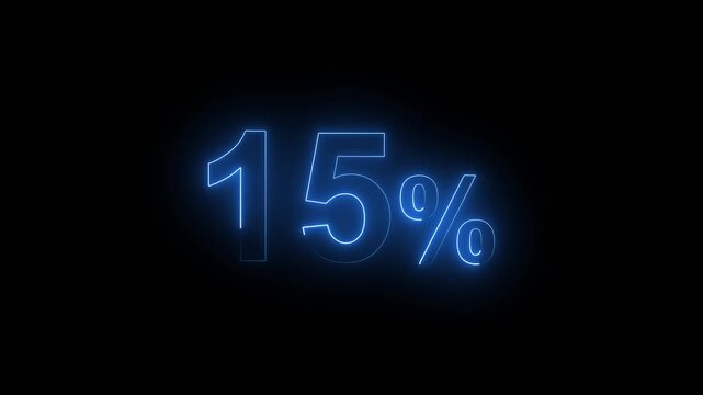 Glowing neon blue 15 percent sign isolated on black background for sale and discount promotion a effect displaying the number thirty against a solid