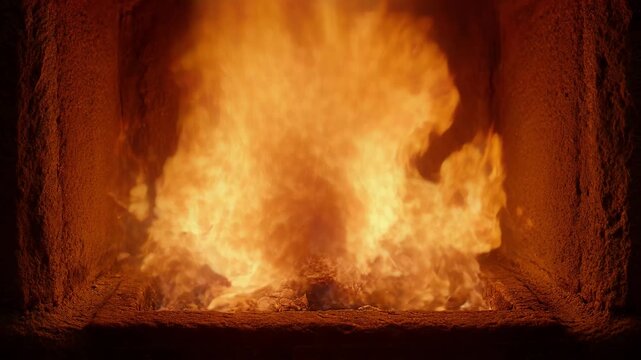 Fireplace fire burning with bright flame in dark brick hearth, warm glow, intense heat, glowing ember, and cozy interior atmosphere for warm home search SEO video title