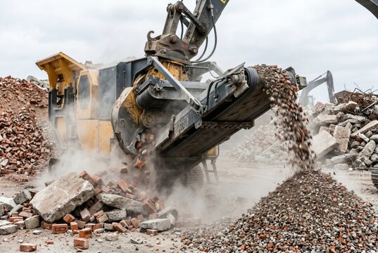 Side view of an industrial recycling machine processing construction demolition waste