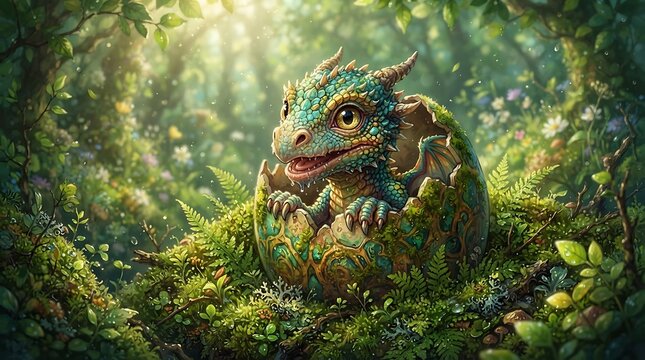 Baby dragon emerging from egg