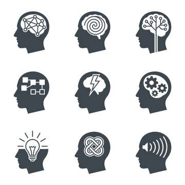 Collection of human head icons with various thoughts and ideas.