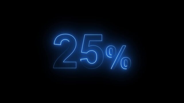 Glowing neon blue 25 percent sign isolated on black background for sale and discount promotion a effect displaying the number thirty against a solid