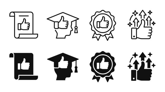 Positive feedback and achievement icons set with graduation hat and thumb up graduation academic achievement
