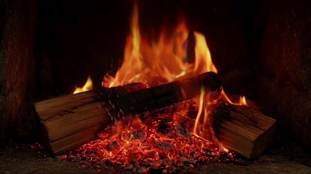 Fireplace Fire Burning Wood Log Flame Ember Hearth Cozy Winter Home Indoor Rustic Glow Charred Orange Red Fuel Kindling Spark Warmth Energy Closeup Natural Logs Glowing Embers Warm Home Interior