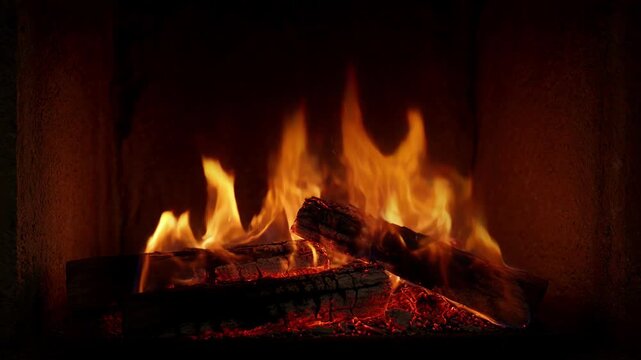 Cozy indoor fireplace fire burning logs, wood flames, warm glowing embers, orange hearth heat, smoke and soot in dark room for SEO friendly search visibility