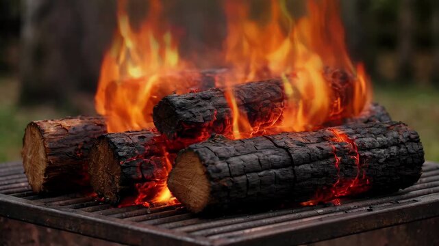 Burning fire fireplace log with glowing embers, orange flame, wood heat, charcoal smoke, outdoor fire in metal grate and campfire scene