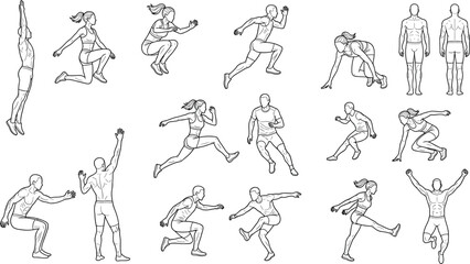 Fototapeta premium Athletic Human Body Outline Pose Collection with Running Jumping Squatting and Fitness Movement Figures