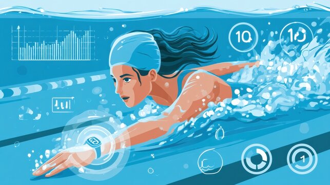 Woman swims laps in a pool with a waterproof smart ring glowing on her finger while swim stroke data and lap counters display around her