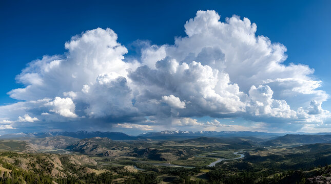 Panoramic View of Massive Storm Clouds Towering Over a Vast Mountainous Landscape and River Valley