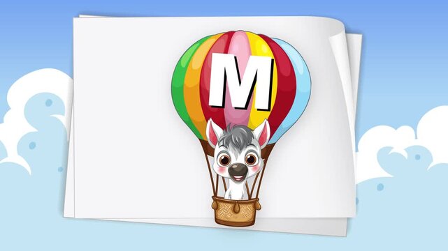 Animated Hot Air Balloon with Letter M and Husky Over White Background