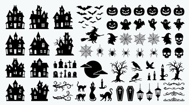 Black Halloween icons on white background.