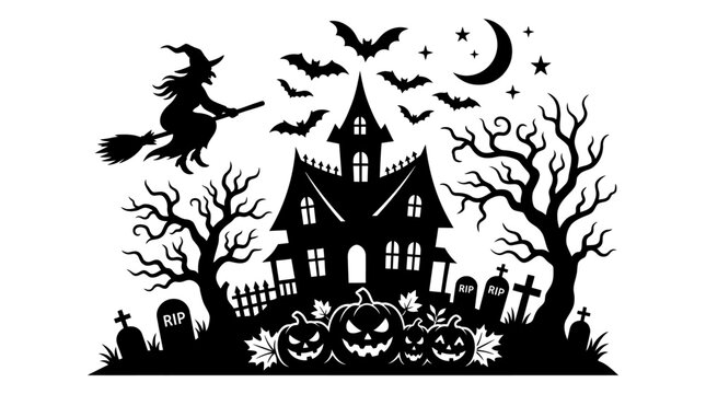 Black silhouette of a witch flying.