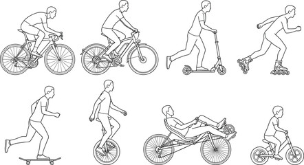 Outdoor Recreation and Personal Mobility Line Art Collection with Cycling and Urban Sports Activities © Deloara