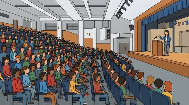 Illustration of a large group of students attending a presentation in a school auditorium. A teacher speaks on stage while students listen attentively, representing education, communication, assemblie