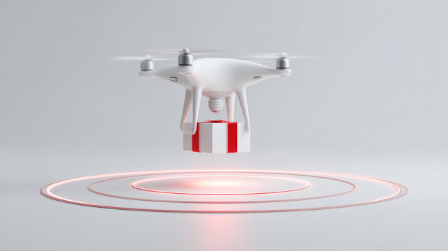 High-tech drone delivering a red gift box in the air