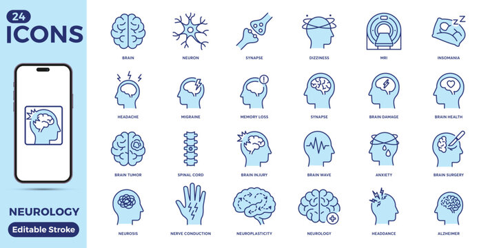 Neurology line icon set. Brain, neuron, synapse, dizziness, MRI, insomnia, headache, migraine, memory loss, spinal cord, anxiety, brain surgery, nerve. Blue solid color. Editable Stroke 48x48px