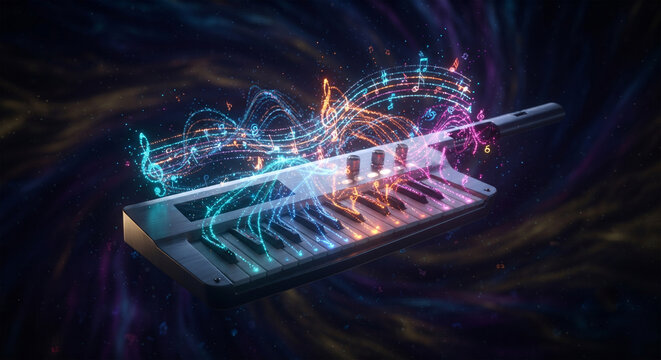 A conceptual, surreal image of a keytar floating in a dark, infinite, and digital space, with brilliant, glowing trails of light particles erupting from the keyboard