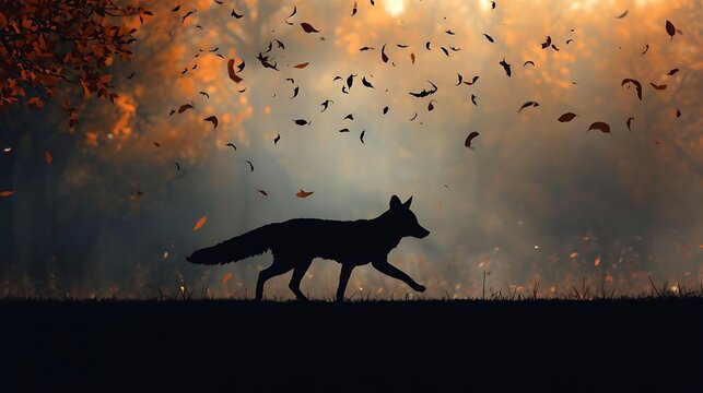 Wild wolf walking across a landscape at sunset silhouette