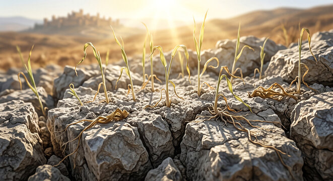 Bible, A powerful digital painting showing thin, pale green shoots struggling to emerge from shallow soil covering jagged, limestone rocks. 