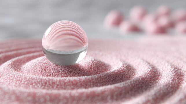 Close-up of a glass sphere on pink particles