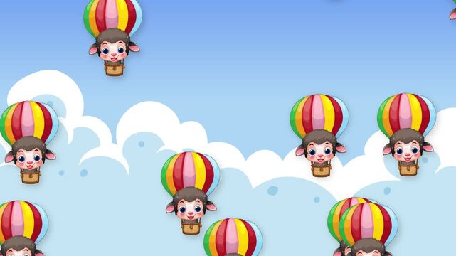 Cartoon Sheep Floating in Colorful Hot Air Balloons Over Blue Sky
