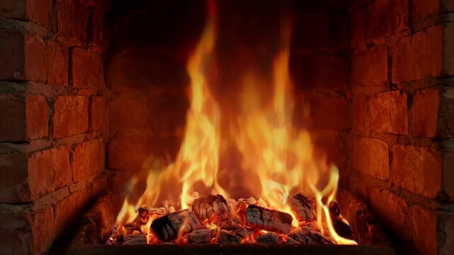 Cozy fireplace fire burning brick hearth with warm flame, glowing embers, bright heat, rustic interior, wood glow, cozy home atmosphere