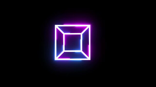 Neon glowing cube frame animation with vibrant purple and blue light on black background.
