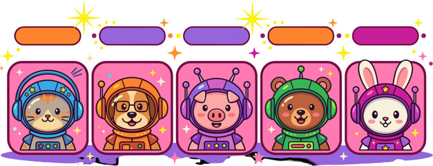 Fototapeta premium Cute Cartoon Animal Astronauts in Space Suits Pixel Art Style Illustration.