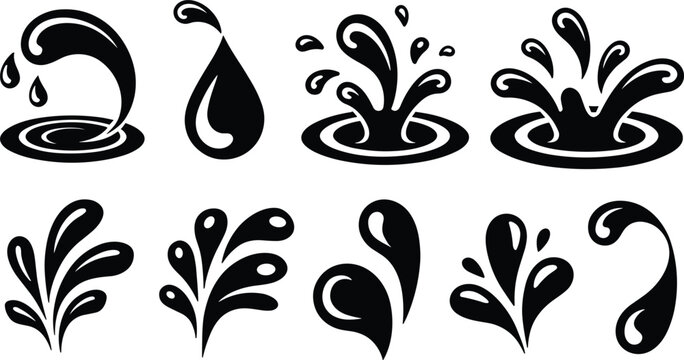 Water splash wave elements black ink jet fluid spray drops ripples collection vector set isolated on white