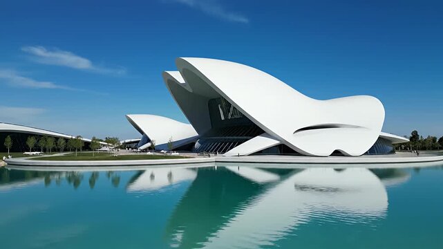 Futuristic white modern building reflecting in calm water pool.