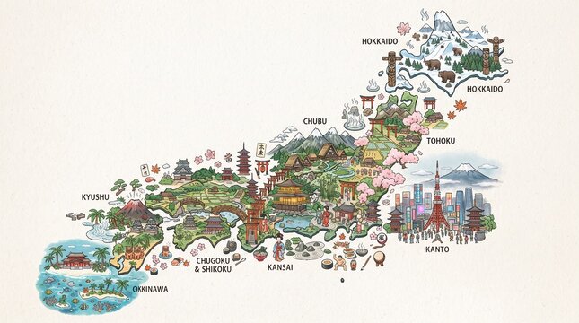 Illustrated Map of Japan Featuring Cultural Landmarks and Iconic Geographical Regions for Travel Planning and Tourism Exploration