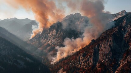 Fototapeta premium Wildfire rages across a drought-cracked landscape amidst mountains and smoke.