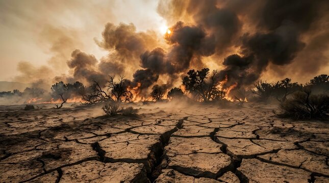 A massive forest fire burns intensely across a cracked, dry landscape with ember-filled winds blowing fiercely through a conifer forest.