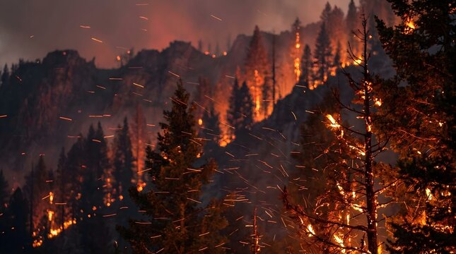 Landscape consumed by flames with dry eucalyptus forest on fire
