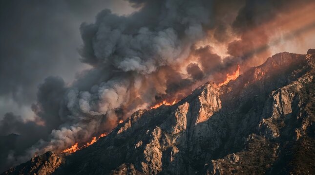 Wildfire rages beneath a cloudless sky on a rugged landscape mountain during re seeding.
