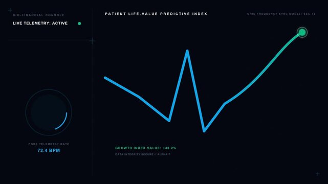 Futuristic bio-financial telemetry console screen displaying digital patient life-value predictive index data and core telemetry rate in a sleek high-tech interface.
