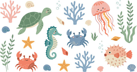 Fototapeta premium Cute Underwater Sea Life Illustration Set with Turtle Seahorse Jellyfish and Coral.
