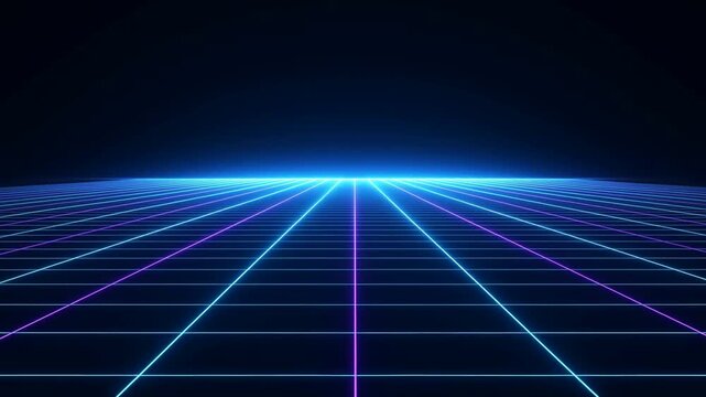 Neon grid pattern radiates vibrant purple and blue lines from a central point on a dark background