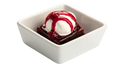 Rich chocolate brownie topped with vanilla ice cream and berry sauce, isolated on transparent background © Andrej