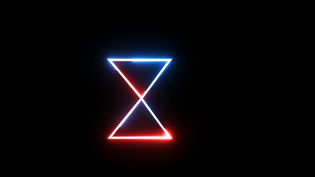 Neon glowing hourglass on black background, abstract animation, dynamic energy light.