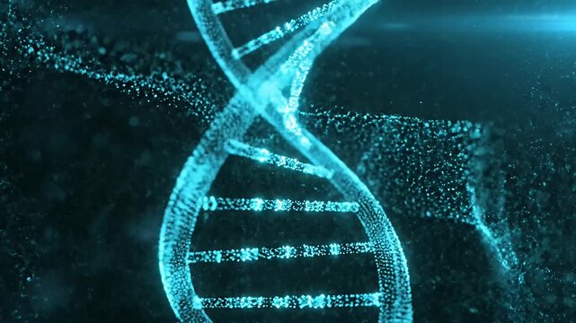 Glowing blue DNA double helix molecular structure.