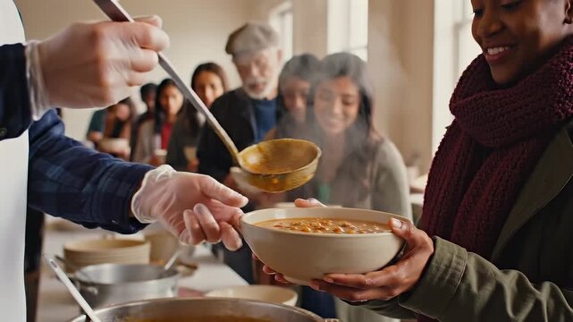 Volunteer serves soup into bowl as people wait at community food program, hunger relief, meal assistance, poverty support, soup kitchen service, charity care, social outreach, and public aid.