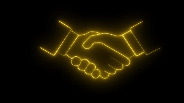 Blue neon line art icon depicting professional handshake agreement, concept of business partnership trust and successful collaboration, dark background