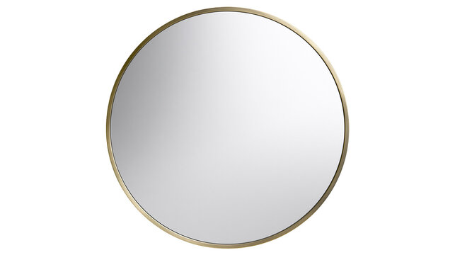 Round metallic gold framed mirror reflecting a blank surface, isolated on transparent background