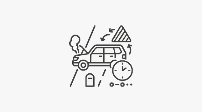 Industrial Black and White Line Drawing of Car Breakdown with Towing Road Sign and Waiting Time