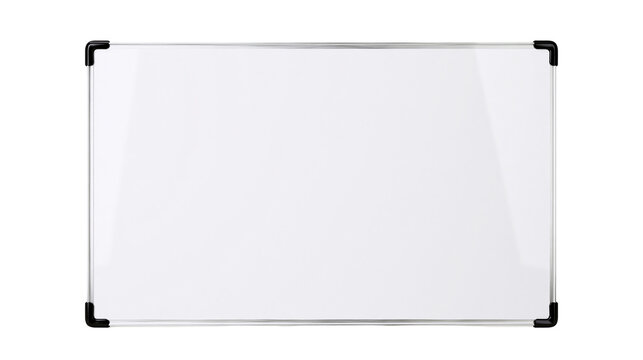 Blank white dry erase board with silver metal frame and black corner protectors, isolated on transparent background
