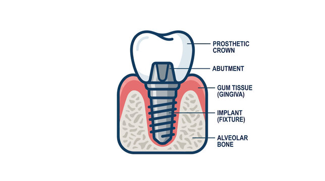 Dental Implant Anatomy Diagram: Crown, Abutment, Gum, Fixture, Bone