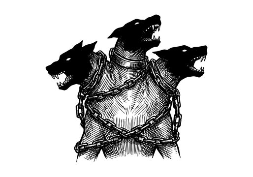 Vintage Cerberus Vector Illustration Hand Drawn Three Headed Dog Greek Mythology Hellhound Mythical Creature Black And White Line Art Sketch For Gothic Tattoo Flash And Graphic Design
