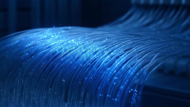 Fiber Optic Cable Blue Light Data Stream Digital Security Concept Network Communication Technology Abstract Glowing Blue Data Transmission for SEO Searchable Content